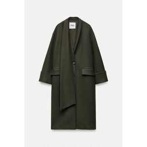 Green Zara Wool-Blend Scarf Collar Button Front Long Cuff Sleeve Coat (NWT)